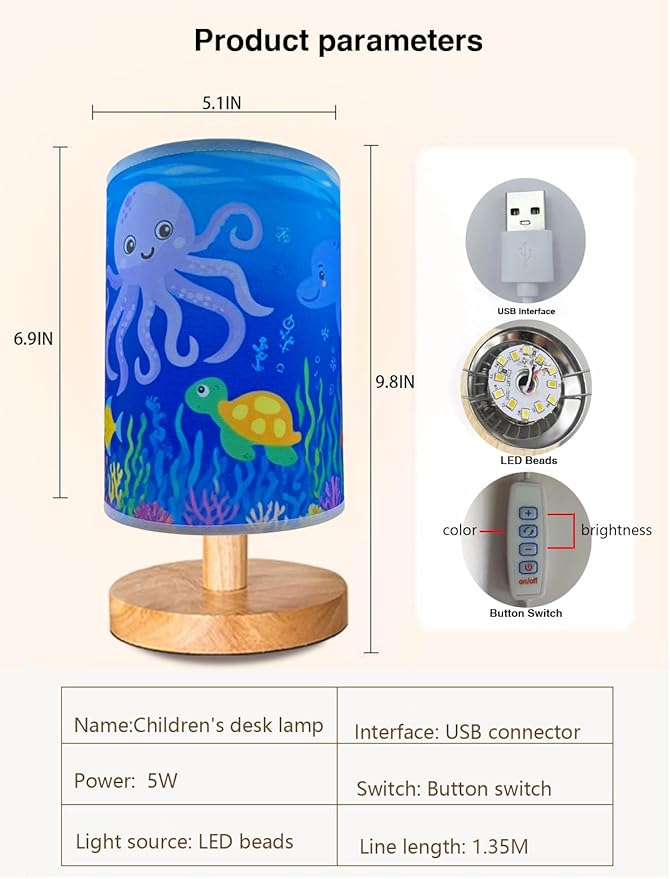 Ocean Lamp, Ocean Lamps for Bedrooms, 3 Level Dimmable Wood Nightstand Desk Base Flaxen Fabric Shade for Bedroom Living Room, Gifts for Sea Lovers