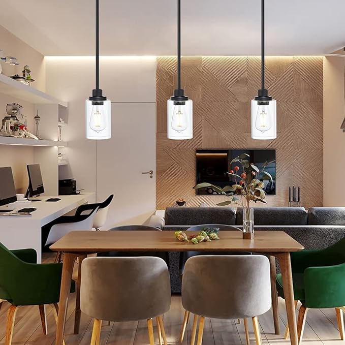 TODOLUZ Black Industrial Pendant Light Fixtures, Kitchen Hanging Lighting with Clear Glass Cylinder Shade for Farmhouse Dining Room Coffee Bar Bedroom