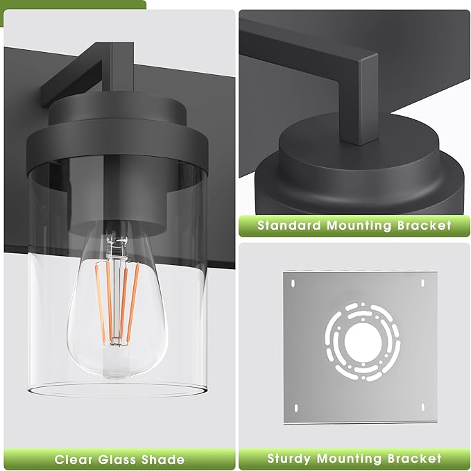 Espird Matte Black Wall Lights, Set of 2 Wall Sconce with Clear Glass Shade, Farmhouse Sconce Lights, Wall Mount Lamp for Bedroom Mirror Living Room