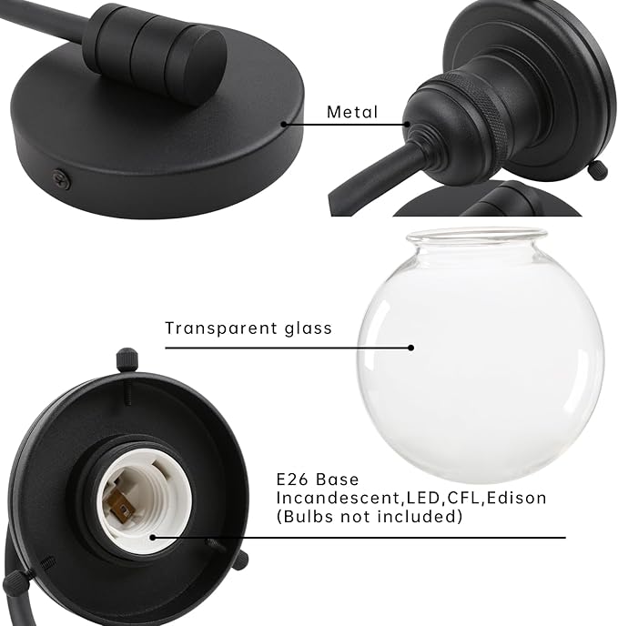 Industrial Vintage U-Shaped Wall Sconce 1-Light with 5.9” Round Clear Glass Globe Shade Indoor Wall Mounted Lamp Fixture