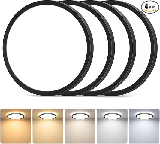 GoBright 4-Pack 7 Inch Dimmable LED Flush Mount Ceiling Lights, 15W 1800LM Ultra Thin Round Light Fixtures Ceiling Mount, 2700K-6500K 5CCT Selectable, Modern LED Lamps for Stairwell, Basement, Black
