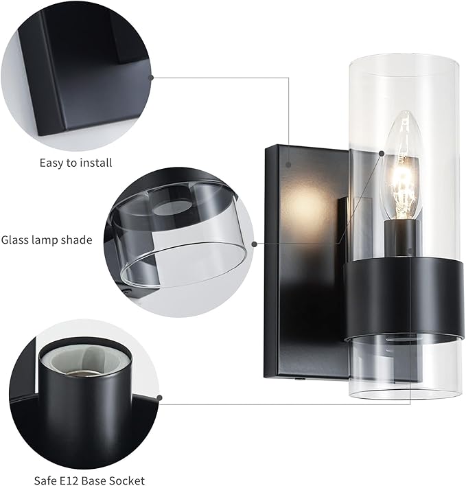 WUZUPS Set of 2 1-Light Bathroom Wall Light Fixture Over Mirror Flat Class Shade Morden Vanity Scones for Bathroom Bedroom Living Room, E12 Base, Black