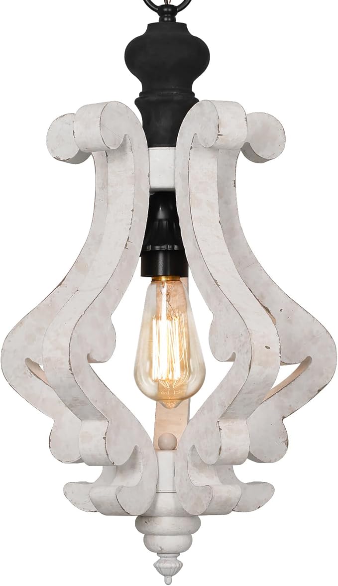12.4" French Country Wood Pendant Light Mini Modern Vintage Farmhouse Distressed Wooden Pendant Light Modern Rustic Pendant Light for Kitchen Island, Dining Room, Bedroom, Hallway, Entryway