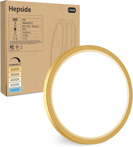 hepside LED Flush Mount Ceiling Light Fixture Golden, 7Inch 15W, Dimmable&3000K-6500K Adjustable Low Profile Ceiling Lights, 1500LM Round Lamp for Bathroom, Bedroom, Closet, Kitchen, Hallway