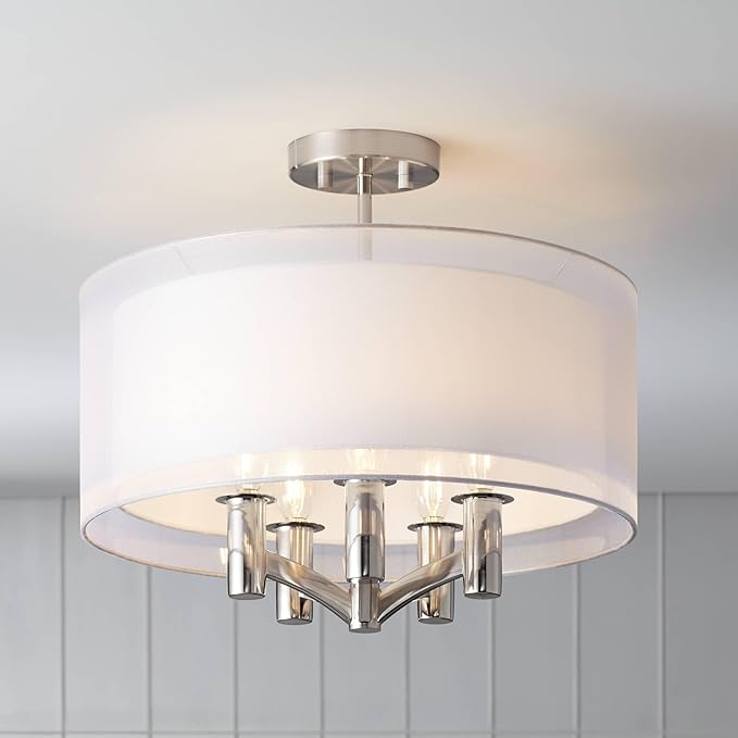 Possini Euro Design Caliari Modern Ceiling Light Semi Flush Mount Fixture Brushed Nickel 18" Wide 5-Light Sheer Silver White Linen Double Drum Shade for Bedroom Kitchen Living Room Hallway Bathroom