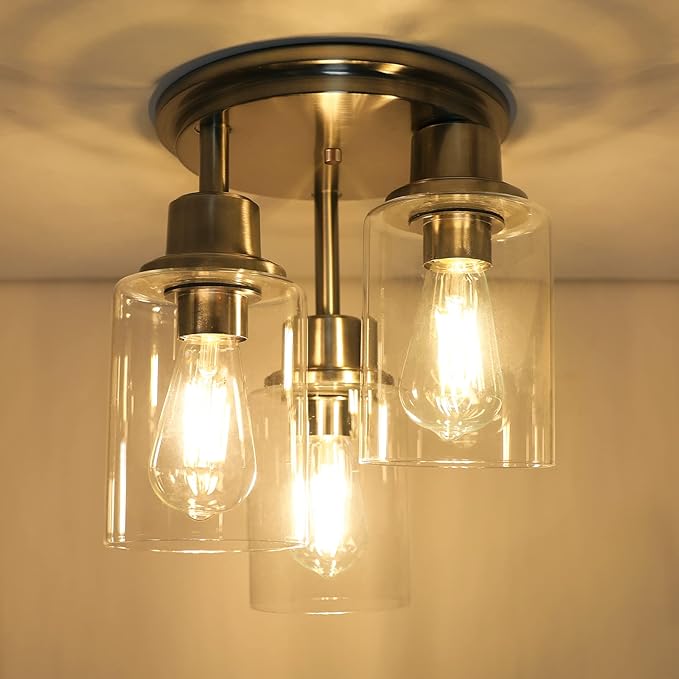 ROTTOGOON Semi Flush Mount Ceiling Light, 3 Light Close to Ceiling Light Fixtures, Brushed Nickel Finish Kitchen Light Fixtures with Clear Glass Shades, Modern Hallway Light Fixtures Ceiling Mount