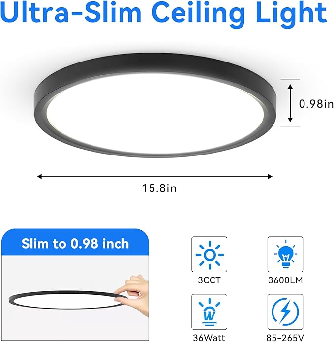 4PK 15.8 inch LED Flush Mount Ceiling Light Fixture,36W Super Slim Black LED Ceiling Light 3600LM,3000K/4000K/6000K CCT Selectable,Close to Ceiling Round Flat Panel light for Bedroom,Kitchen,Hallway