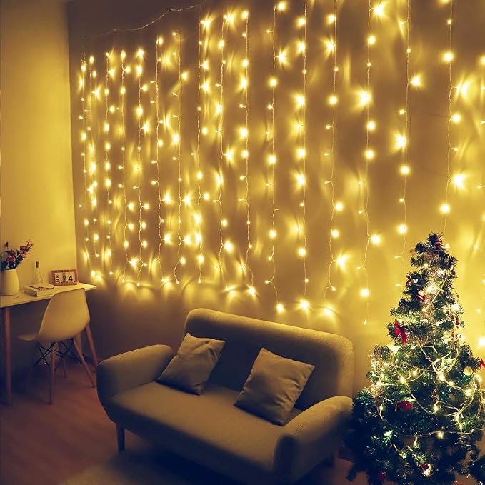 HEYFUNi Curtain Lights,13ftx6.5ft Safety Window Curtain Icicle String Lights 30V 8 Modes for Christmas Wedding Party Family Patio Lawn Decoration(Warm White)