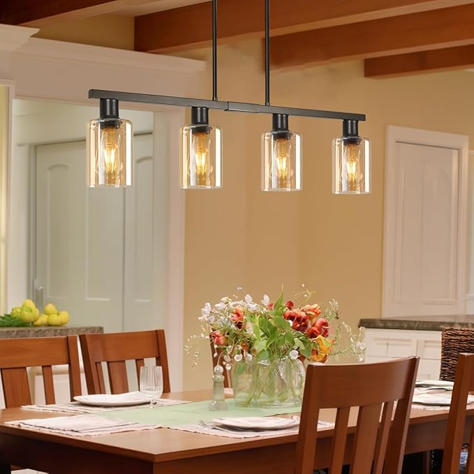 4-Light Kitchen Island Lighting, Black Dining Room Light Fixture with Adjustable Rods & Amber Glass Shades, Farmhouse Decor Black Metal Chandelier with Seeded Glass Shade, Island Lights for Kitchen