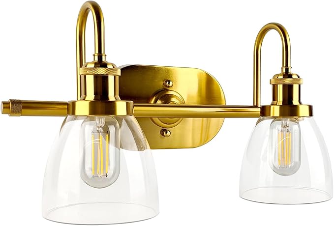 Lightdot Brushed Nickel Bathroom Light Fixture, 17.5IN 2-Light Bathroom Vanity Light with Clear Glass Shades, 60W Max/120V Modern Gold Vanity Lights for Mirror Kitchen Living Room, E26 Base-Gold