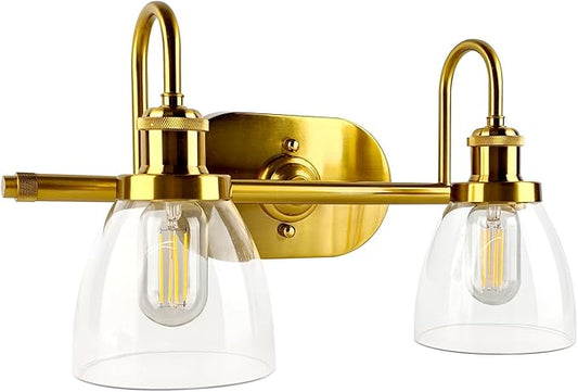 Lightdot Brushed Nickel Bathroom Light Fixture, 17.5IN 2-Light Bathroom Vanity Light with Clear Glass Shades, 60W Max/120V Modern Gold Vanity Lights for Mirror Kitchen Living Room, E26 Base-Gold