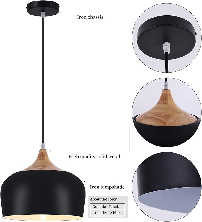 Modern Pendant Lights,Wooden Dome Pendant Light Fixture,Adjustable Hanging Pendant Lighting Chandelier Lamp for Kitchen Island,Dining Room,Hallway,Foyer,Bedroom(Black)