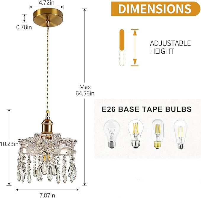 Modern Crystal Pendant Light, Mini Chandelier with Brass Base, Adjustable height,with switch Clear Glass Droplets for Bedroom, Bathroom, Hallway, Kitchen Island, Entryway (2-pack,Hard-wired)