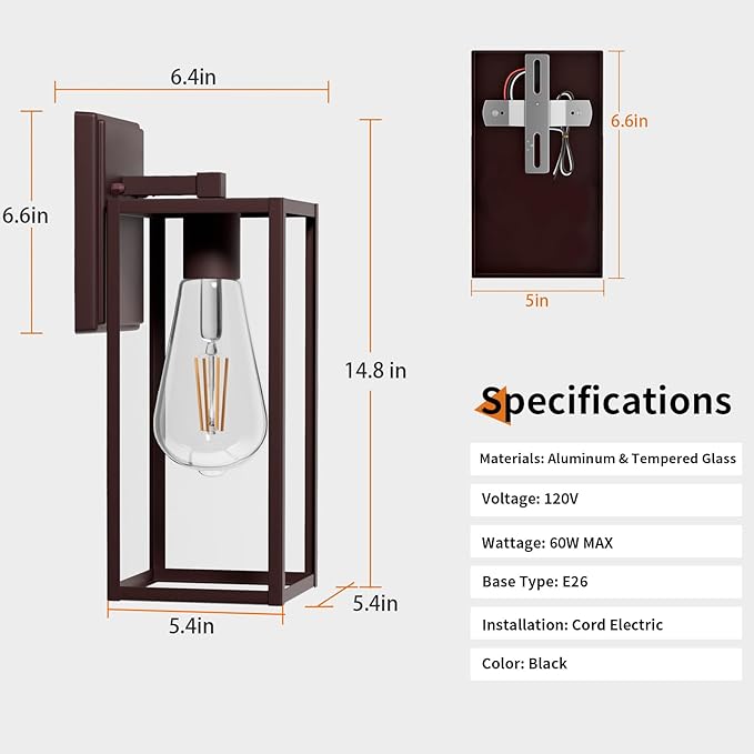 2 Pack 15'' Oil Rubbed Bronze Outdoor Front Porch Lights for Outside, Large Exterior Lighting Fixtures Wall Mount for House, Wall Sconce Lamp, Waterproof Lantern Coach Lights for Garage