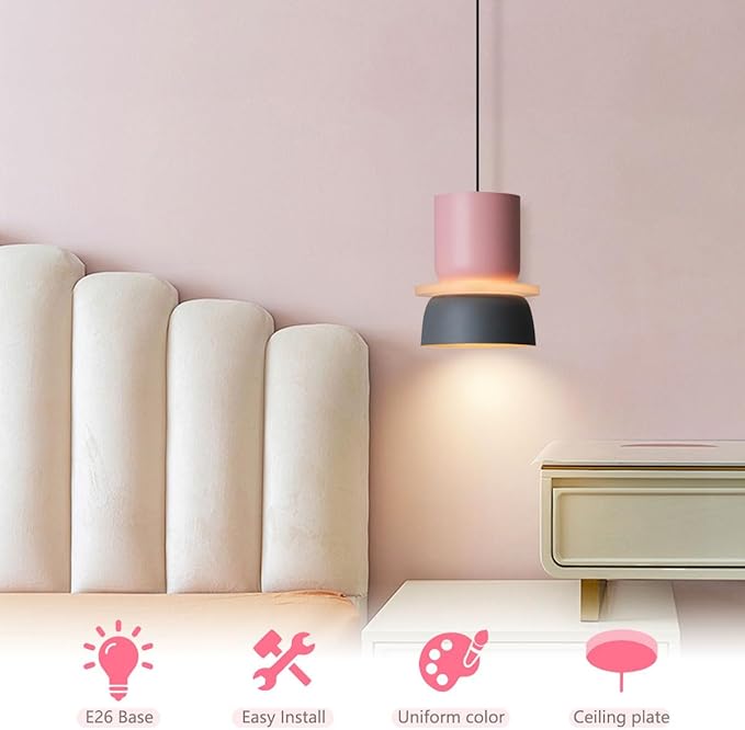 Nordic Modern Pendant Light,Colorful Pendant Light Fixture,Pink Hanging Light Fixture for Bedroom, Macaron Aluminum Finish, Mid Century Hanging Light for Kitchen Island, Dining Room