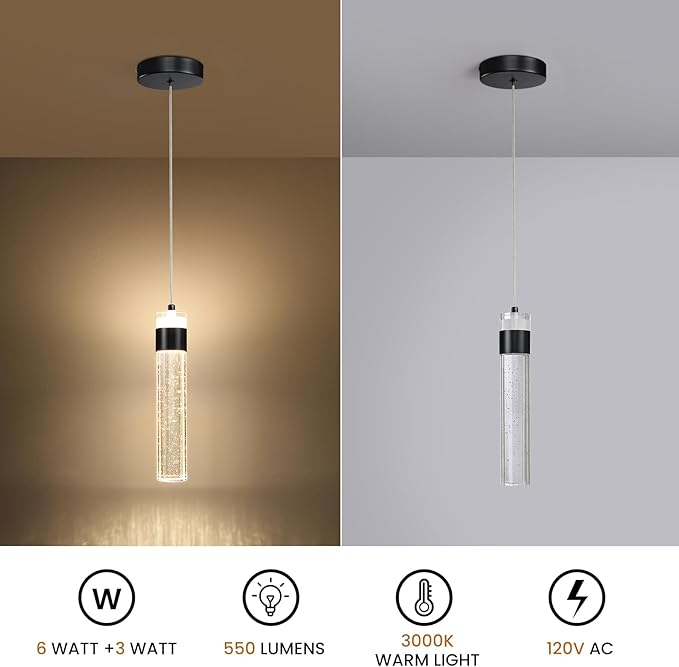 Black Pendant Lights Kitchen Island 3 Pack Crystal Hanging Pendant Light Fixtures with Crystal Bubble 3000K LED Modern Pendant Ceiling Lighting for Dining Room Restaurant Living Room Bedroom