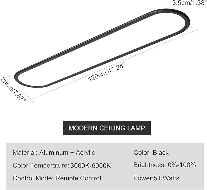 Ganeed LED Flat Panel Long Ceiling Light Fixture for Shop Lighting, 47.24" High Brightness Linear LED Ceiling Lamp, 51W Dimmable Low Profile Flush Mount Ceiling Light for Laundry Kitchen Office, Black