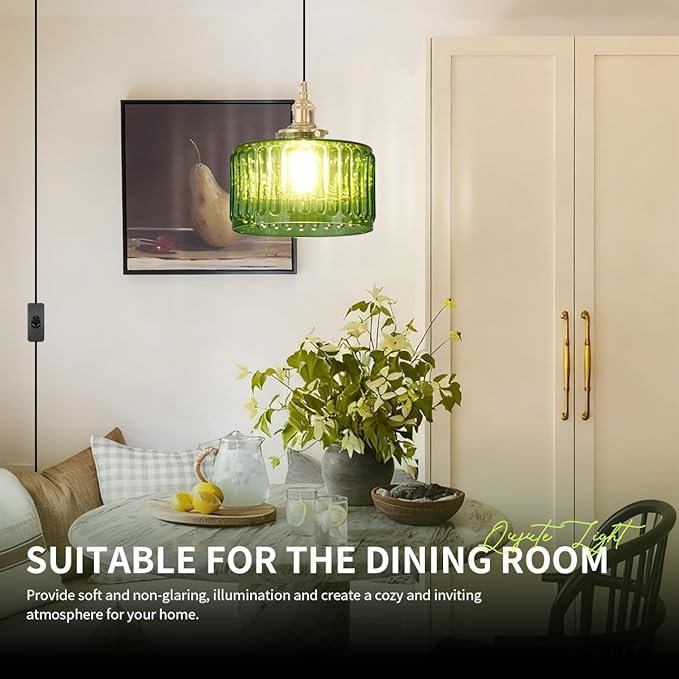 Plug in Pendant Light Green Glass Pendant Lamp Striped Glass Shade Vintage Plug in Ceiling Hanging Lamp 1-Light with Plug in Cord Swag Ceiling Light for Kitchen Island Living Room