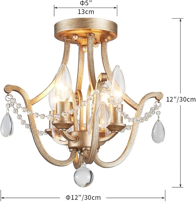 AGV LIGHTING Crystal Ceiling Light Fixture, Semi Flush Mount Ceiling Light, E12 Base 4-Lights, D12 x H12, Clear Crystal & Dressed Gold Finish Metal Frame