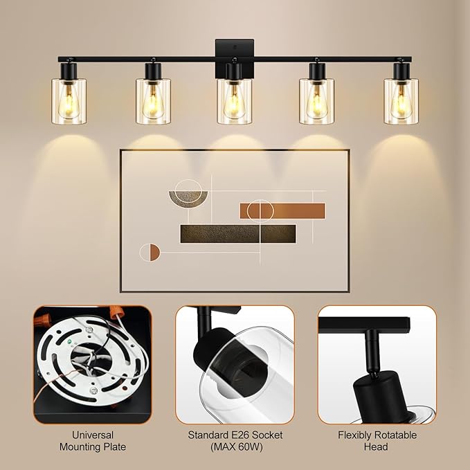 5-Light Track Lighting Fixtures with Clear Glass Shade, Modern Kitchen Lighting Fixtures Ceiling, Rotatable Track Head, Wall Mount Track Light for Bedside Vanity Hallway Bedroom, Matte Black