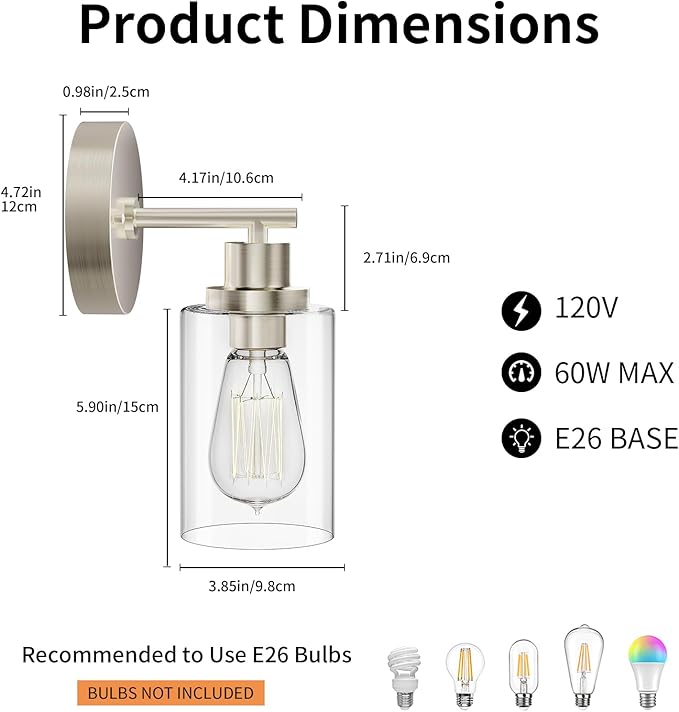 BUTHY Bathroom Wall Sconces Set of Two: Brushed Nickel Vanity Light Fixtures with E26 Base LED Cordless Indoor Wall Mount Lamp for Mirror Bedroom Hallway Stairway Modern Decor Lighting