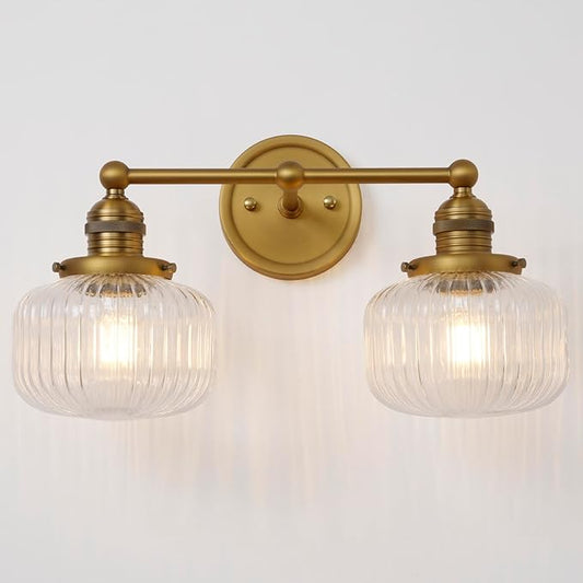 Double Vintage Wall Sconces 2-Lights Brass Gold Bathroom Vanity Light with Clear Striped Glass Shade Indoor Hardwire Wall Sconce Lighting for Bathroom Living Room Bedroom Kitchen