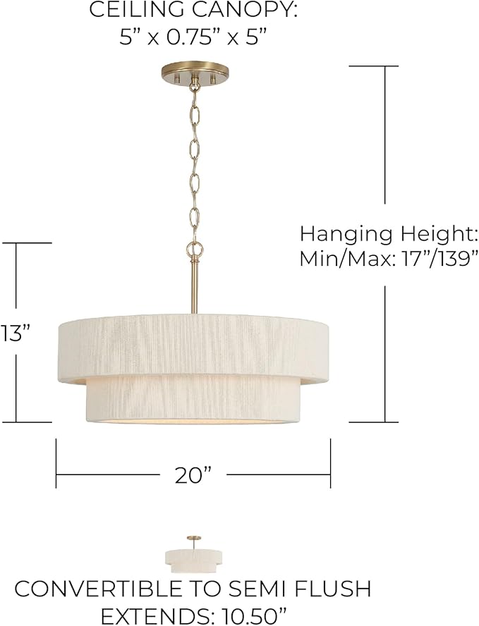Capital Lighting 349841MA Delaney Modern Hand-Wrapped Rope Drum Pendant Ceiling Light Fixture, 4-Light 240 Total Watts, 13" H x 20" W, Matte Brass