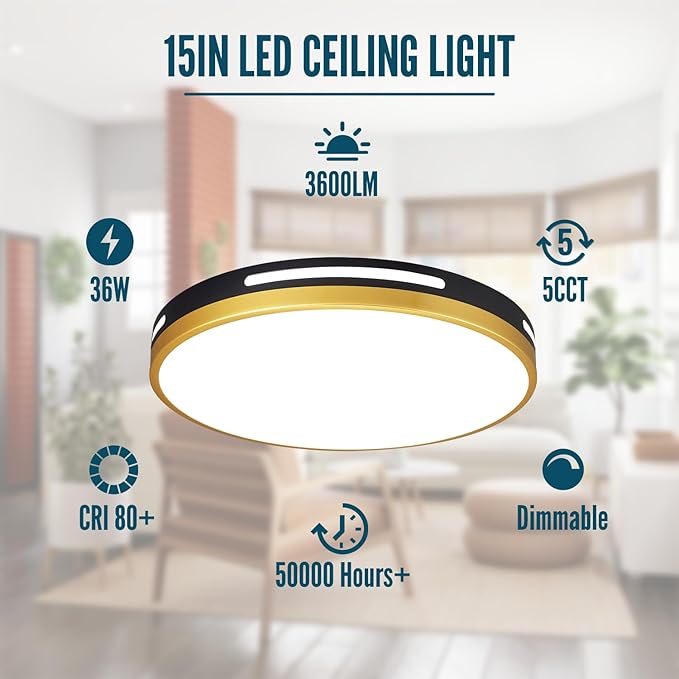 2Pack LED Flush Mount Ceiling Light Fixture, 15” 36W Dimmable Kitchen Lighting Fixtures Ceiling, Black and Gold Modern Light Fixtures Ceiling Mount for Bedroom, Bathroom, Living Room