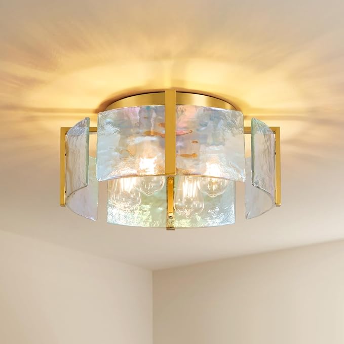 Gold Semi Flush Mount Ceiling Light: 17.7in Kitchen Lights Fixture Ceiling Mount - Modern Bedroom Colorful Glass Drum Indoor Lighting - Mid Century Fixtures for Laundry Room Foyer Hallway Entryway