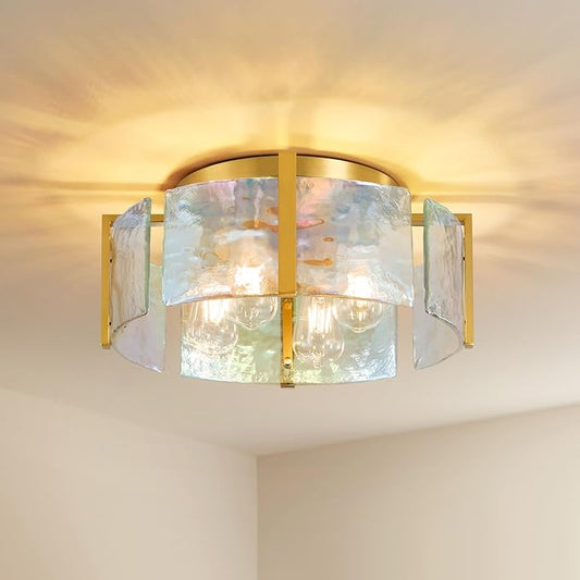 Gold Semi Flush Mount Ceiling Light: 17.7in Kitchen Lights Fixture Ceiling Mount - Modern Bedroom Colorful Glass Drum Indoor Lighting - Mid Century Fixtures for Laundry Room Foyer Hallway Entryway