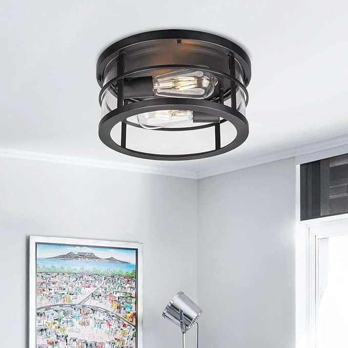 Darkaway Flush Mount Ceiling Light, 11.6 Inch Industrial Ceiling Light Fixture Outdoor Indoor Close to Ceiling with Clear Glass Shade for Hallway Balcony Porch Kitchen Living Room 2-Light