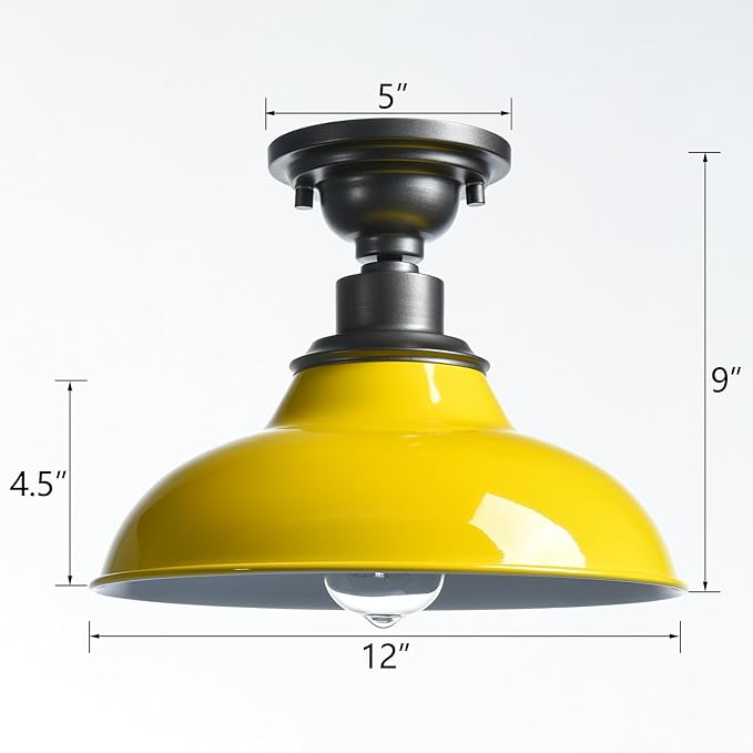 SAMTEEN Industrial Semi Flush Mount Ceiling Light 1-Light Barn Light Fixture Ceiling 12-Inch Farmhouse Ceiling Light for Hallway Entryway Staircase Kitchen, Yellow Finish