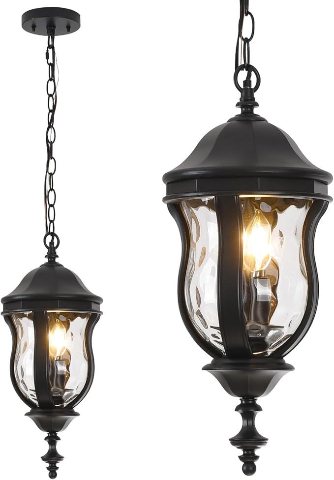 Large Outdoor Pendant Light Fixtures, 19.1'' Exterior Hanging Lantern Porch Light Adjustable, Black Hanging Lamp Farmhouse Exterior Chandelier Ceiling Mount for Entrance Patio