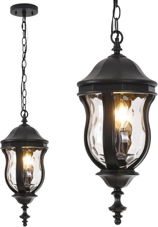Large Outdoor Pendant Light Fixtures, 19.1'' Exterior Hanging Lantern Porch Light Adjustable, Black Hanging Lamp Farmhouse Exterior Chandelier Ceiling Mount for Entrance Patio