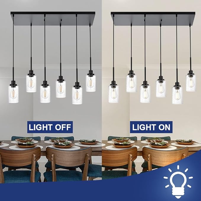 TODOLUZ 6-Lights Black Kitchen Island Light, Linear Pendant Lighting Fixtures with Seeded Glass, Farmhouse Dining Room Chandelier Hanging Lights for Restaurant Living Room