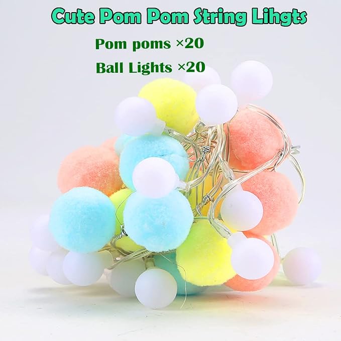 ChiRee Indoor String Lights 6.56 Feet Pom Poms Fairy 20 LED Battery Operated Ball Warm White Globe Colorful Decor for Home Bedroom Kids Playhouse Holiday Christmas