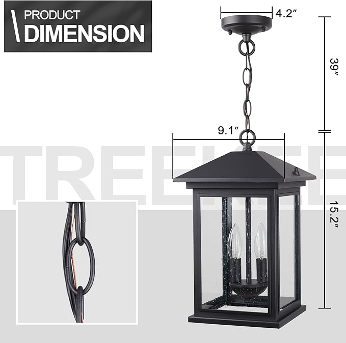Treekee Large Outdoor Pendant Light, Modern Adjustable Hanging Lantern, Black Outside Porch Chandelier Light with Seeded Glass, Exterior Pendant Lighting for Patio, Porch, Yard