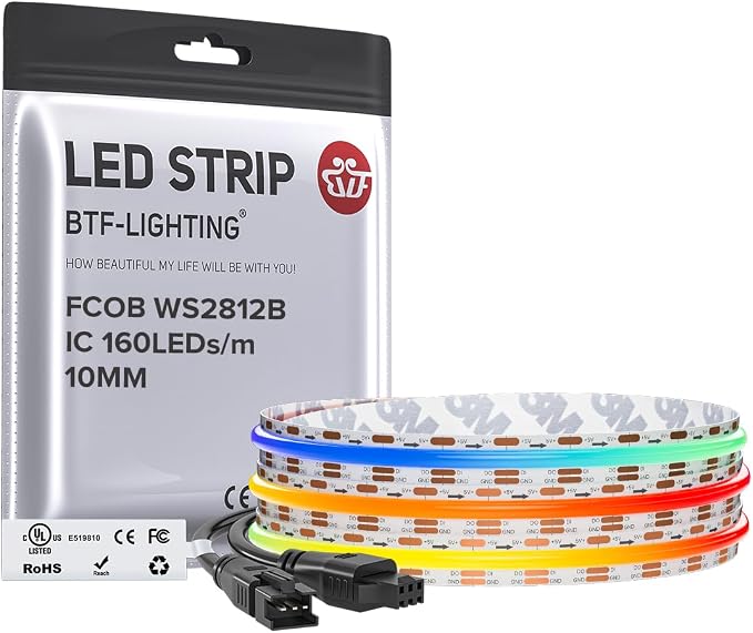 BTF-LIGHTING FCOB COB WS2812B IC RGB LED Strip DC5V 6.5FT Individual Addressable 160LED/m 320LEDs 320IC,UL Listed,Dream Color IP30 High Density Light 10mm Width for Decor(No Adapter or Controller)