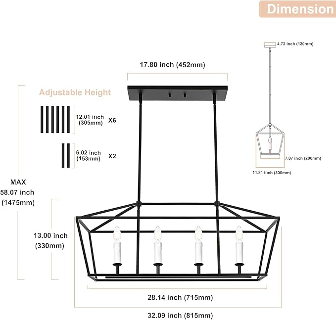 4-Light Kitchen Island Lighting, Modern Black Dining Room Chandelier Over Table Pendant Light Fixture, E12 Bulb Base