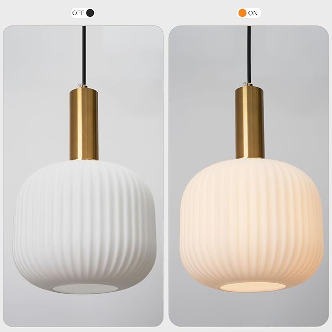 Mid Century Modern Plug in Hanging Light Milk Glass Pendant Light White and Gold Hanging Lamp Plug in Chandelier Lighting with Long Cord for Bedroom Living Room Dining Room Kitchen