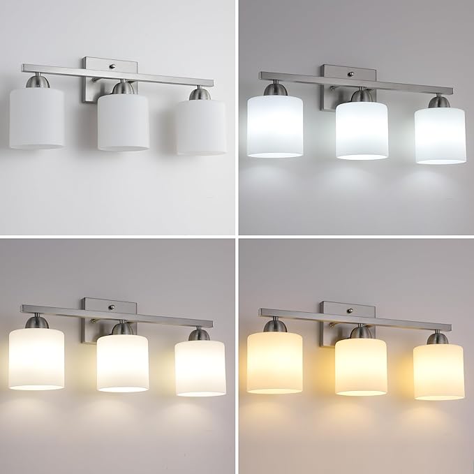 Mecgirn Stainless Steel Milk Glass Vanity Lights for Bathroom, 3 Light Brushed Nickel Bathroom Light Fixtures Over Mirror, Ceramic E26 Sockets Wall Mounted