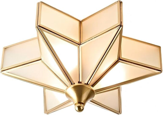 LIGHTLAND 11.8 Inch Flush Mount Star Ceiling Light, 3 Lights Brass Ceiling Lamp with Glass Lampshade, Art Deco Close to Ceiling Light Fixtures for Entryway Hallway Porch, Gold