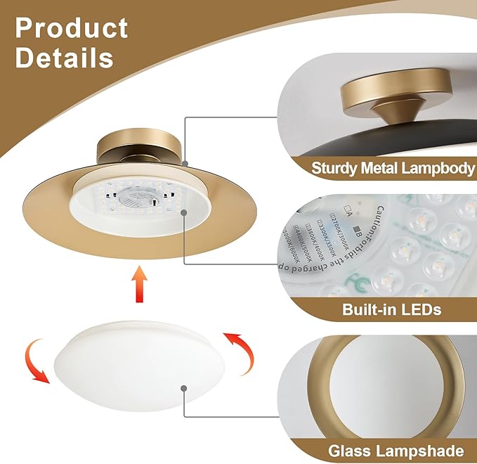 Dimmable Modern Mid-Century Ceiling Light, Black and Gold LED Semi Flush Mount Ceiling Light, 5CCT 2700K-6000K Lighting Fixture Ceiling Lamp with Glass Shade for Bedroom Kitchen Living Room, 15.8in