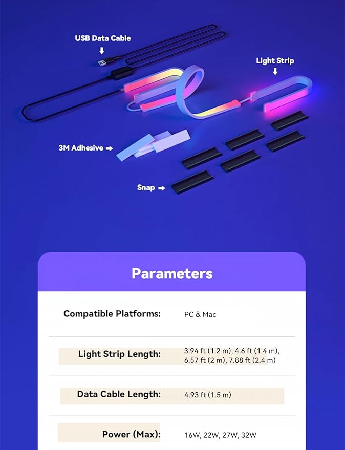 RGB Backlight LED Strip Light for PC & Mac, Sync with Screen Color or Music, Stick to the Edge of Your Desk, for Desk Gaming, USB Port, Software Control, 3.94ft / 1.2m