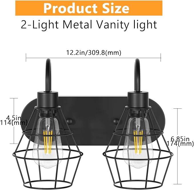 Bathroom Vanity Light Fixtures, 2-Light Bathroom Lighting Fixtures Over Mirror with Cage, E26 Base Black Farmhouse Wall Sconces for Bedroom Living Room, UL Listed