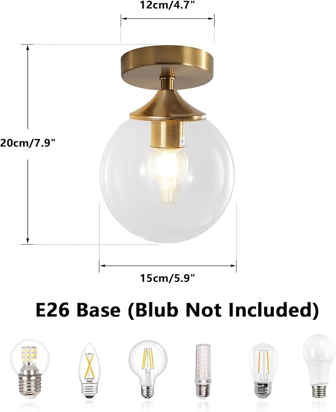 KCO Lighting Brushed Gold Flush Mount Ceiling Light Bubble Glass Globe Ceiling Lamp Mid Century Modern Small Hallway Light Fixtures