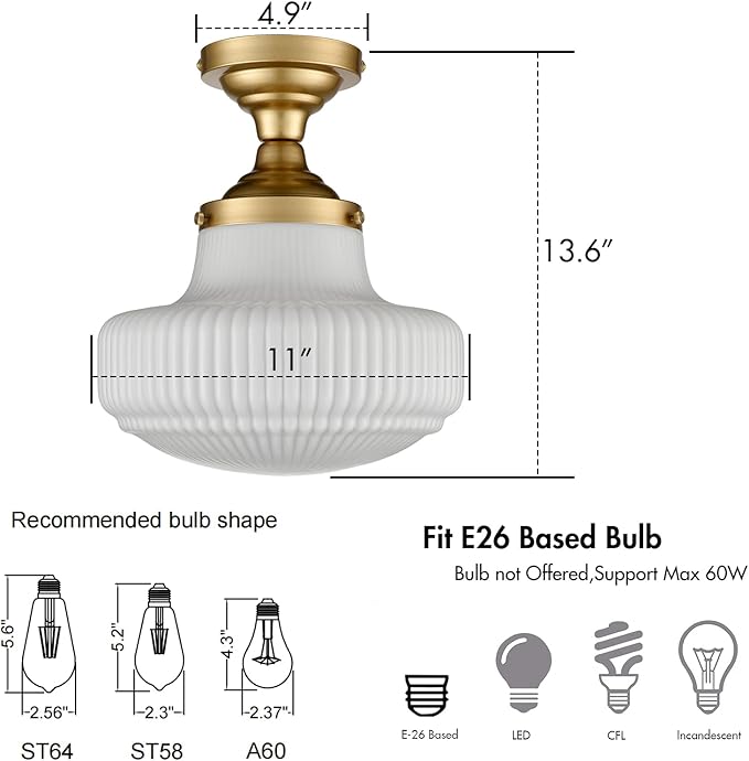 CLAXY Modern Gold Schoolhouse Ceiling Light Semi-Flush Mount Ceiling Light Fixture Ribbed Milk Glass Lamp for Hallway Entryway Bedroom Kitchen Bathroom