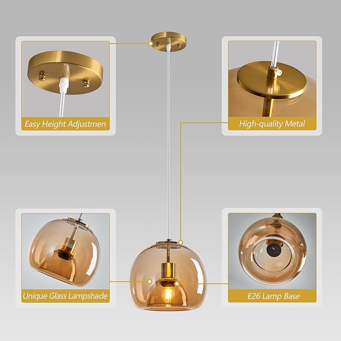 Amber Glass Pendant Lights Kitchen Island Gold Hanging Light Fixture Glass Globe Pendant Light Modern Pendant Lighting for Dining Room Bedroom Kitchen Island (9.84", 1 Pack)
