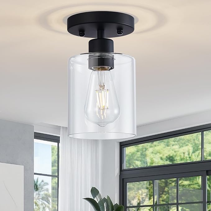 Black Semi Flush Mount Ceiling Light, 1-Light Ceiling Light Fixtures, Farmhouse Light Fixtures Ceiling Mount, Ceiling Lights with Glass Shade for Kitchen Hallway Foyer Entryway Bedroom(1 Pack)