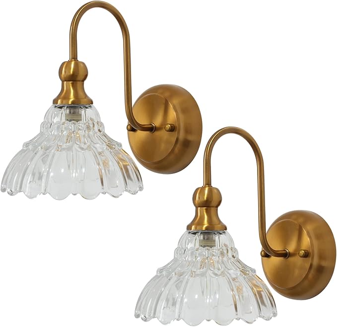 lobolighting Vintage Wall Sconce Set of 2 with Glass Shade Brass Sconces Gold Bathroom Vanity Light Fixtures Modern Wall Lighting Fixture for Bedroom Bedside Door Header